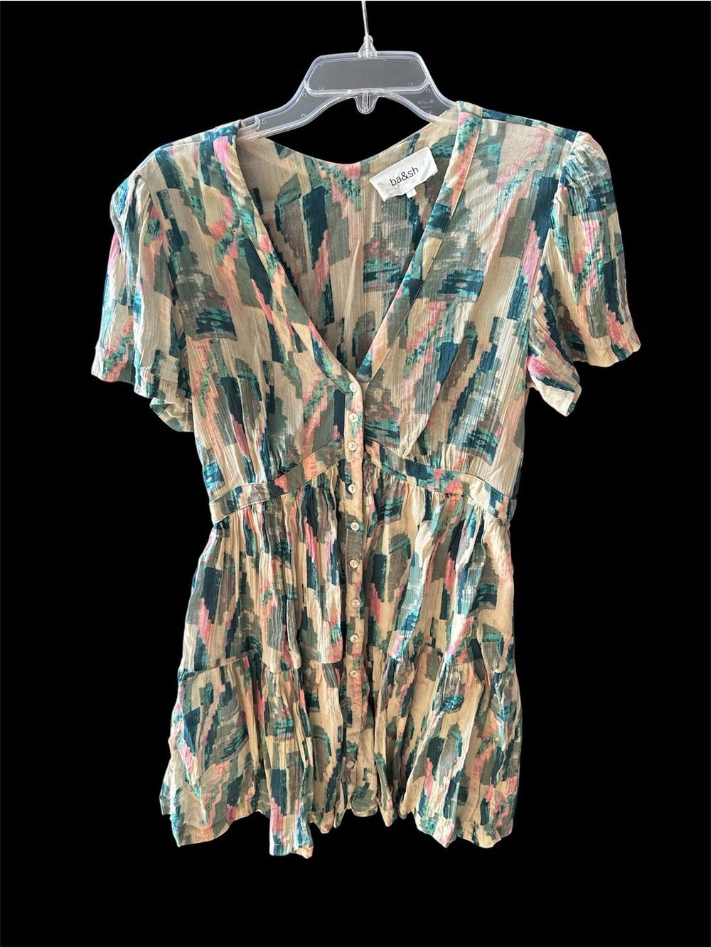 ba&sh Cream Midi Dress with Teal and Pink Abstract Print